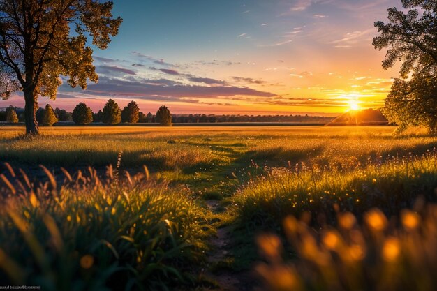 prato rugiadoso all'alba all'alba al tramonto lo sfondo della carta da parati dello scenario naturale più bello