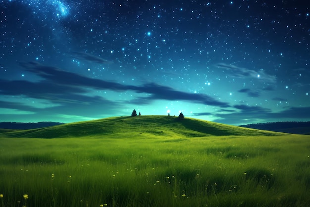 Prato verde e albero sulle colline sullo sfondo del cielo notturno delle stelle Creato con la tecnologia generativa AI