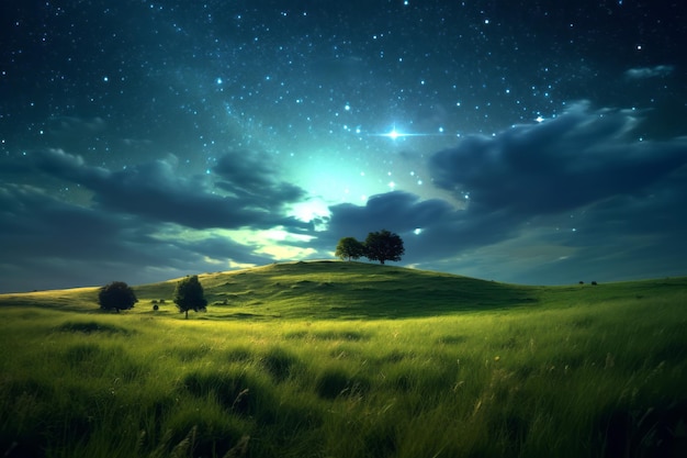 Prato verde e albero sulle colline sullo sfondo del cielo notturno delle stelle Creato con la tecnologia generativa AI