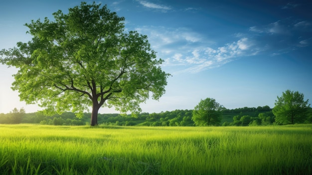 Prato verde e grande albero con cielo blu Sullo sfondo della natura