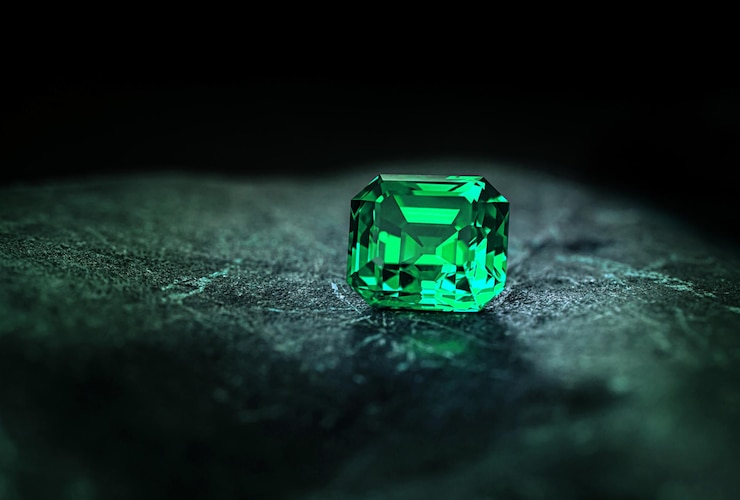 Foto preciosa pietra preziosa di smeraldo verde su uno sfondo scuro