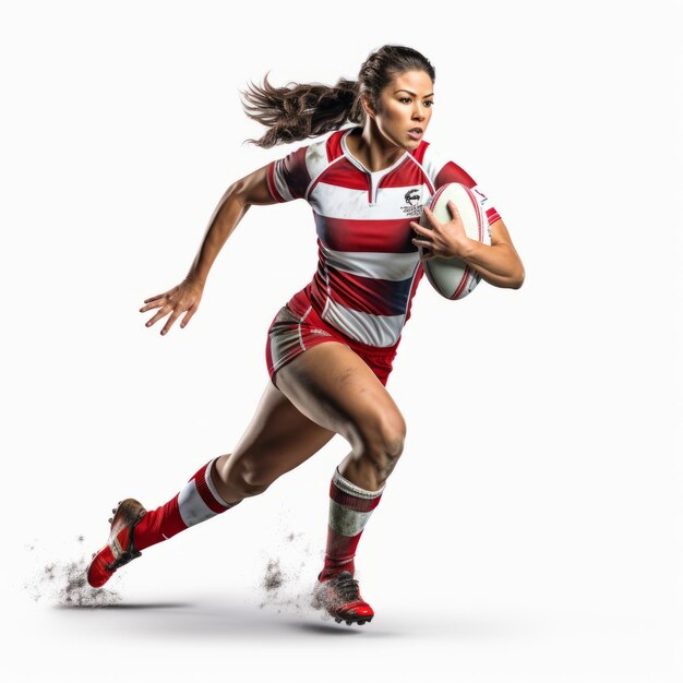 Precisione e vivacità 3D giocatore di rugby femminile in camicia rossa e bianca