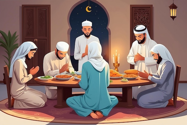 Preghiera in famiglia prima dell'Iftar Cartoon della stagione del Ramadan