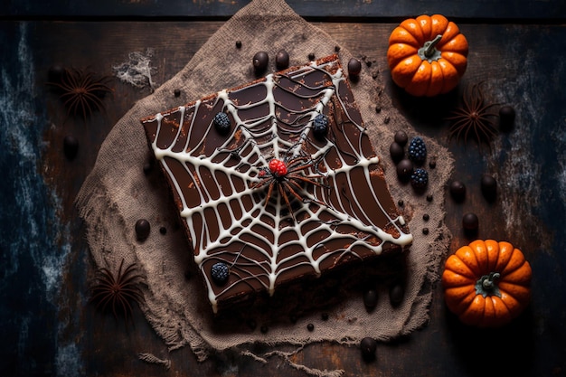 Prelibatezze di Halloween fatte in casa con brownies di ragnatela al cioccolato e ragni di caramelle sono esposte su uno sfondo di legno rustico