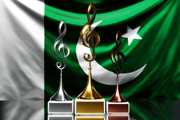 Premi della chiave di violino per aver vinto il premio musicale sullo sfondo dell'illustrazione 3d della bandiera nazionale del Pakistan