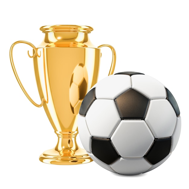 Premio Coppa trofeo d'oro e pallone da calcio con rendering 3D di bandiere