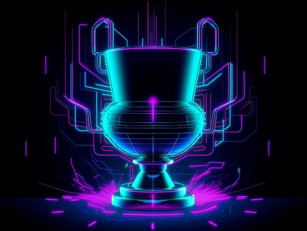 Premio coppa trofeo illustrazione astratta in stile neon su sfondo nero IA generativa