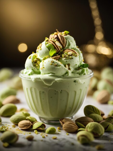 Premium delizioso gelato di pistacchi gelato galleggiante gelato di alta qualità ingredienti pubblicità cinematografica foto