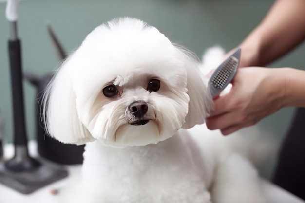 Prendersi cura di un taglio di capelli per un animale domestico curando un piccolo cane bianco al barbiere close-up AI generato Fluffy