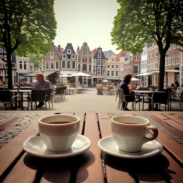 Prendi un caffè in una piazza della città olandese Due tazze a mezzogiorno d'estate