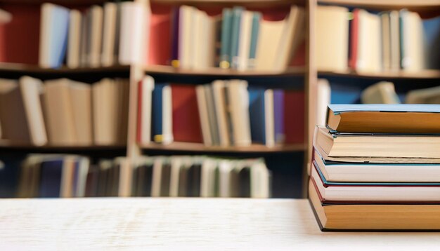 Prenota in biblioteca pila di libri su legno deskEducation sfondo Ai Generato