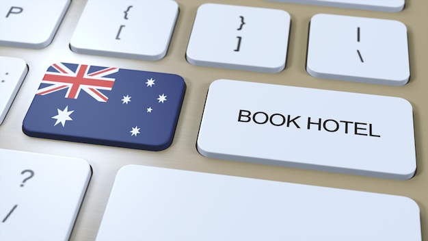 Prenota un hotel in Australia con il sito Web online Pulsante sulla tastiera del computer Concetto di viaggio 3D
