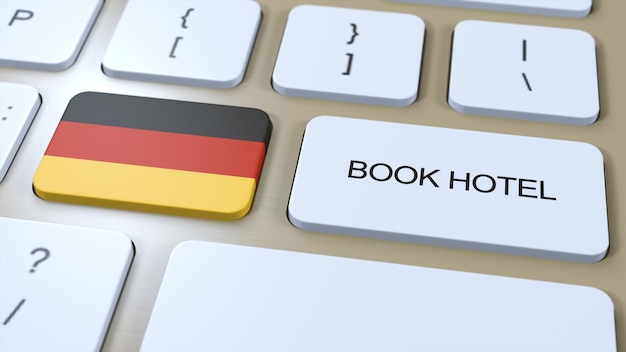 Prenota un hotel in Germania con il sito Web online Pulsante sulla tastiera del computer Concetto di viaggio 3D