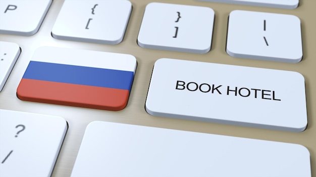 Prenota un hotel in Russia con il sito Web online Pulsante sulla tastiera del computer Concetto di viaggio 3D