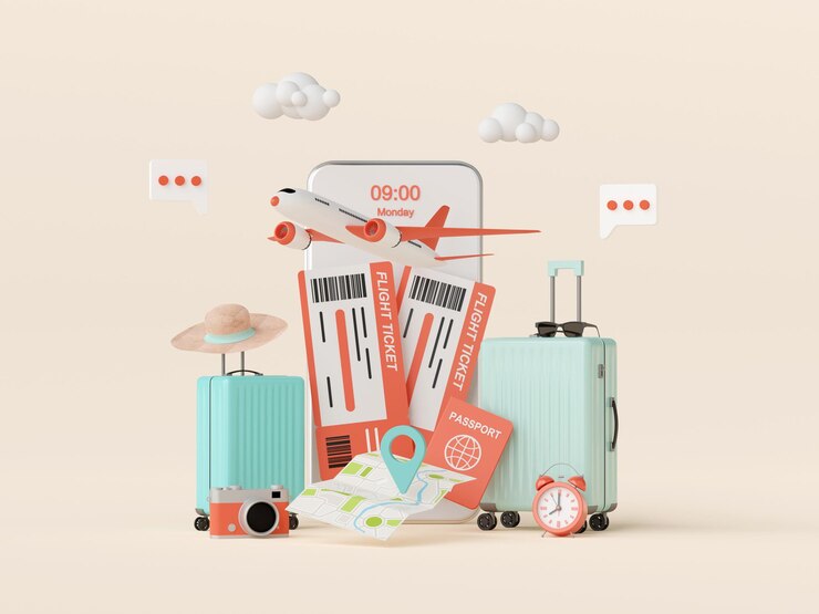 Prenotazione del volo acquista il biglietto o l'applicazione per il check-in sull'illustrazione 3d dello smartphone