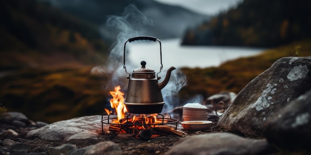 Preparare il caffè su un fuoco da campo usando un bollitore compatto mentre ti diverti nel deserto
