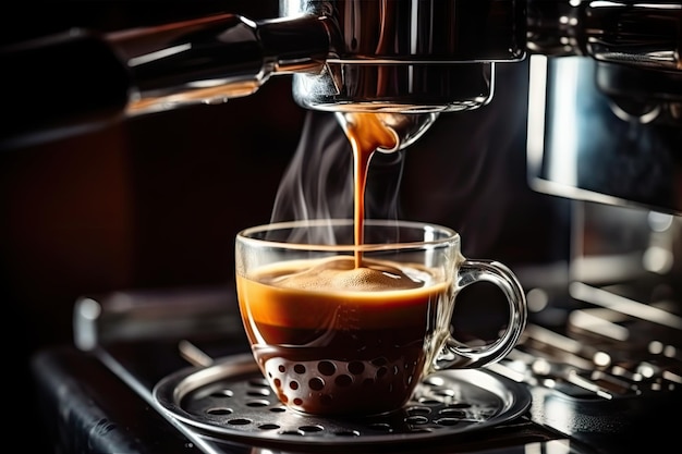 Preparare l'espresso su una macchina da caffè professionale in un caffetteria Closeup Versare caffè forte