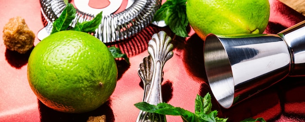 Preparare un cocktail mojito con lime e menta. Sfondo alimentare