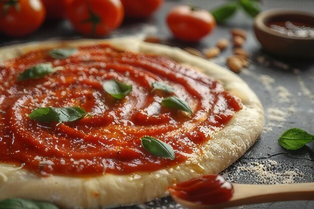 Preparare una pizza casalinga con salsa di pomodoro fresca, basilico e ingredienti su una superficie di pietra scura