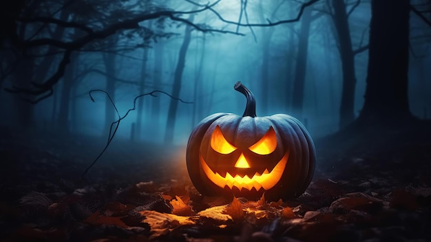 Preparati per un'esperienza spettrale di Halloween con una terrificante zucca in una foresta infestata