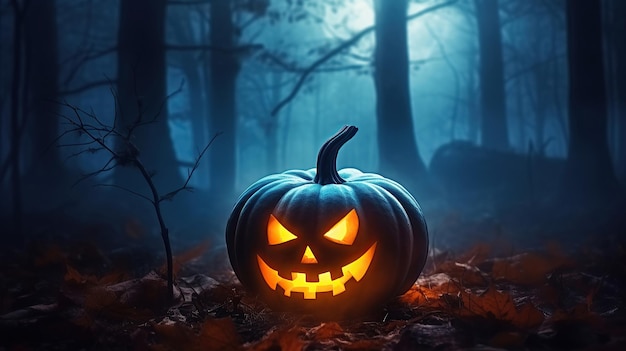 Preparati per un'esperienza spettrale di Halloween con una terrificante zucca in una foresta infestata