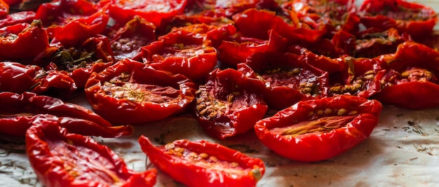 Preparati pomodori secchi con olio d'oliva ed erbe aromatiche su carta pergamena vista dall'alto