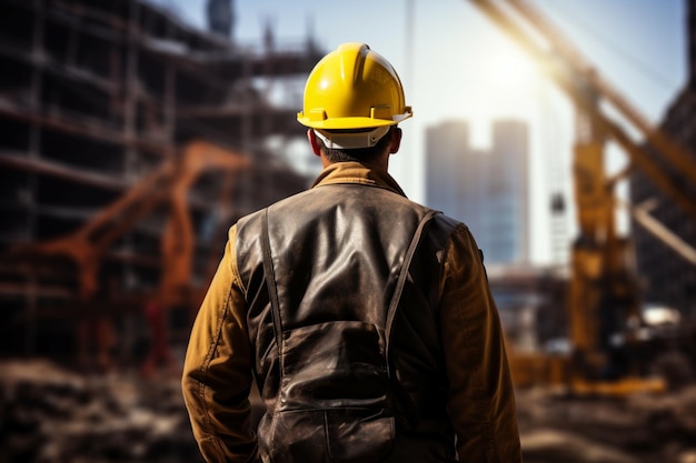 Preparatività del cantiere L'ingegnere indossa un casco di sicurezza giallo sul cantiere