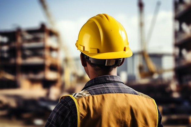 Preparatività del cantiere L'ingegnere indossa un casco di sicurezza giallo sul cantiere