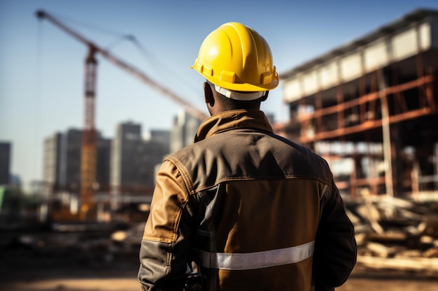 Preparatività del cantiere L'ingegnere indossa un casco di sicurezza giallo sul cantiere