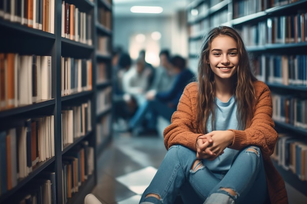 Preparazione agli esami Allegro adolescente africano che legge un libro e sorride mentre si siede sul pavimento in biblioteca