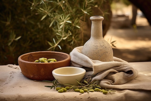 Preparazione dei semi di olio d'oliva con mortaio e sacco di olive sul tavolo Vista frontale