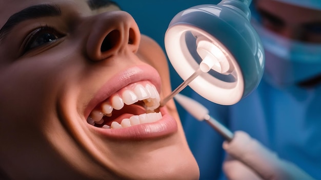 Preparazione della cavità orale per lo sbiancamento con una lampada ultravioletta da vicino
