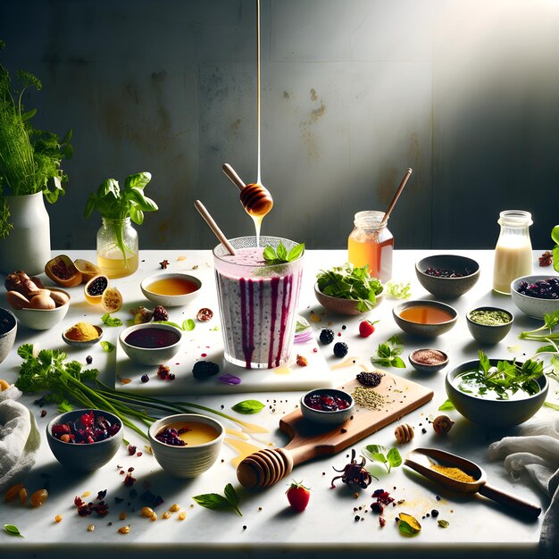 Preparazione di Mazamorra Morada peruviana su bancone di marmo