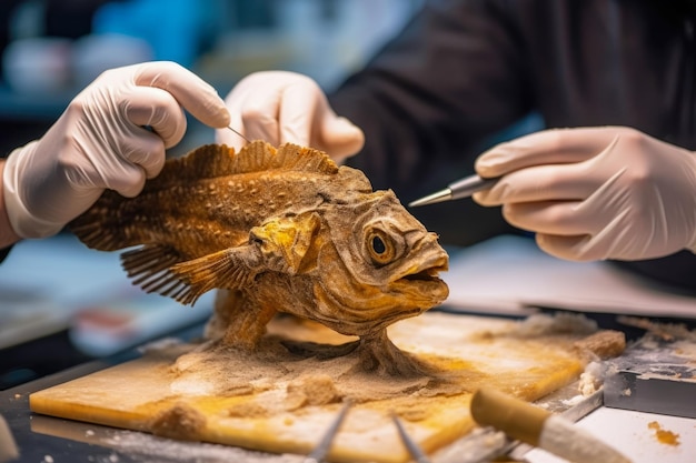 Preparazione di un fossile di un antico esemplare di pesce nel laboratorio di paleontologia