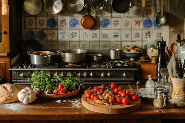 Preparazione di una cena provenzale francese in una cucina vintage rustica