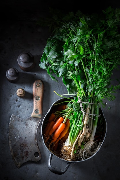 Preparazione per gustosa zuppa vegana con carote prezzemolo e porro