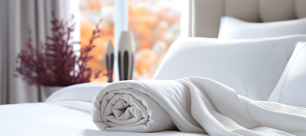 Preparazione per l'inverno piumetto piegato bianco su fondo di letto per hotel domestico o tessuti per la casa