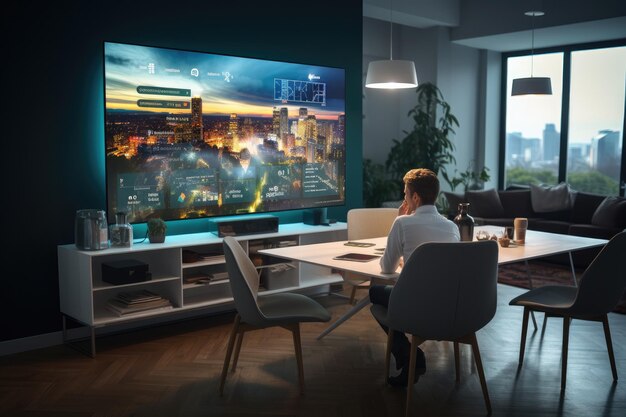 Preparazione per una videoconferenza con una grande TV a parete in una sala riunioni dell'ufficio