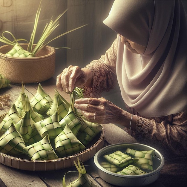 Preparazione tradizionale Ketupat per l'Eid al-Fitr