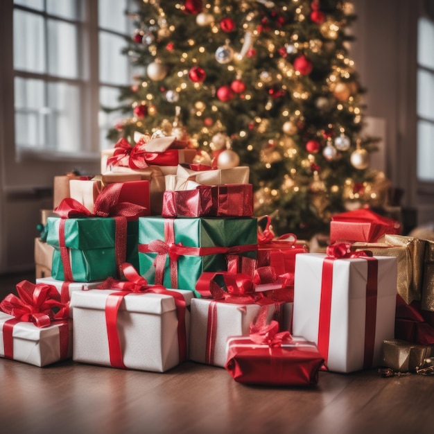 Presenta e scatole di regali avvolti sotto il concetto di vacanza invernale dell'albero di Natale