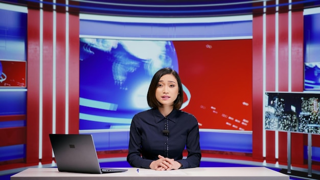 Presentatrice asiatica che ospita un segmento di notizie in diretta che affronta tutti i titoli nella redazione Giornalista dei media donna che presenta notizie di ultima ora e eventi globali notizie di contenuti televisivi