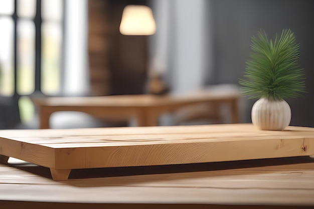 Presentazione del prodotto a tavolo vuoto in legno con sfondo interno sfocato