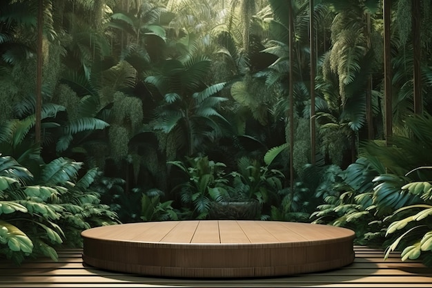 Presentazione del prodotto con un podio in legno nel mezzo di una foresta tropicale lussureggiante potenziata da uno sfondo verde vibrante rendering 3D Immagine creata con AI
