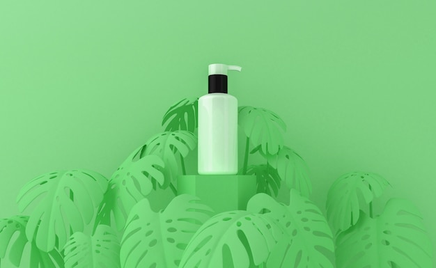 Presentazione del prodotto cosmetico con foglie tropicali. Confezione vuota. Rendering 3D