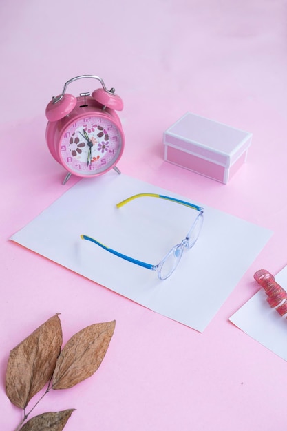 Presentazione del prodotto del concetto minimalista Idea occhiali confezione regalo orologio e foglie secche su sfondo di carta rosa