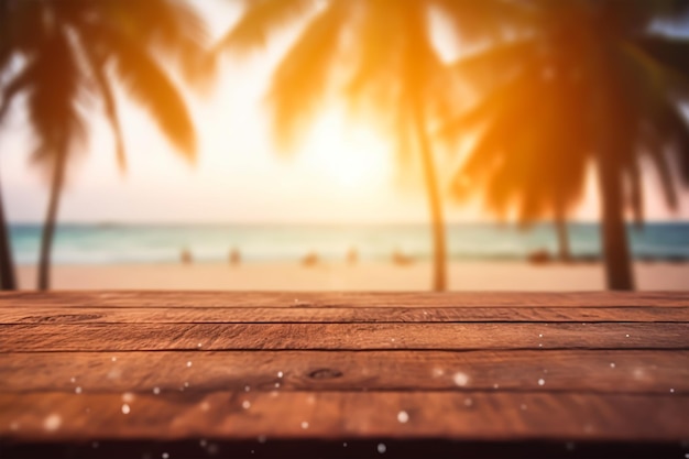 Presentazione del prodotto in natura Sfoca la spiaggia tropicale con l'onda di luce del sole bokeh su un tavolo di legno vuoto