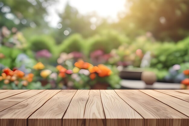 Presentazione del prodotto tavolo in legno vuoto con sfondo giardino verde sfocato