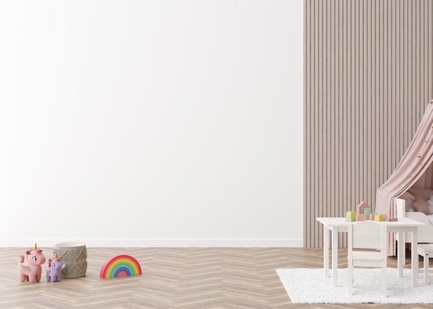 Presentazione della carta da parati della stanza dei bambini mock up Parete bianca vuota nella stanza del bambino moderna Copia spazio per il tuo design di carta da parati adesivi murali o altre decorazioni Interni in stile scandinavo Rendering 3D