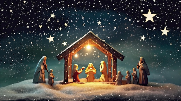 Presepe concetto cristiano di Natale Nascita di Gesù Cristo Presepe in legno con Santo Bambino nel fienile nella notte blu scuro