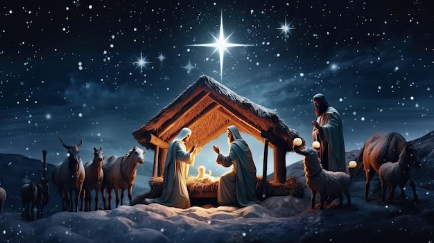 Presepe concetto cristiano di Natale Nascita di Gesù Cristo Presepe in legno con Santo Bambino nel fienile nella notte blu scuro